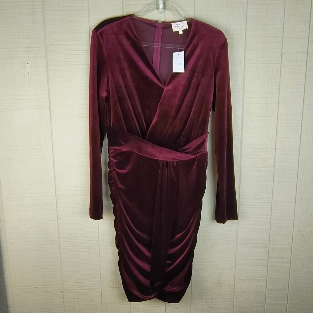 NWT Bohme Stretch Velvet Dress Faux Wrap Wine Burgundy Christmas Party